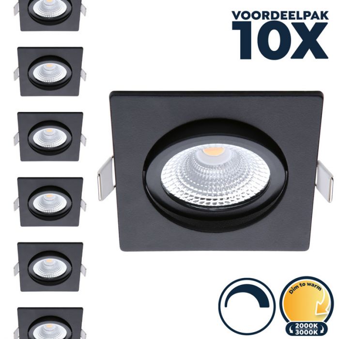 sectie Patois lezing Voordeelpak 10x Dimbare led inbouwspot zwart, vierkant, dim to warm, kleine  inbouwdiepte, IP54