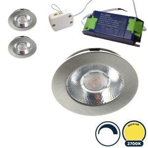 3x Led meubelspot dimbaar, ondiepe inbouw, IP54, extra warm wit, RVS/nikkel, incl. trafo