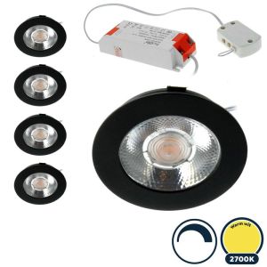 5x Led meubelspot dimbaar, ondiepe inbouw, IP54, extra warm wit, zwart, incl. trafo