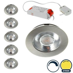 6x Led meubelspot dimbaar, ondiepe inbouw, IP54, extra warm wit, RVS/nikkel, incl. trafo