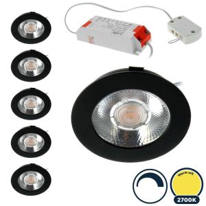 6x Led meubelspot dimbaar, ondiepe inbouw, IP54, extra warm wit, zwart, incl. trafo