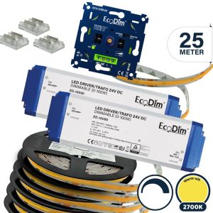 Led strip 25 meter warm wit dimbaar, COB | Led strip incl. voeding en inbouwdimmer