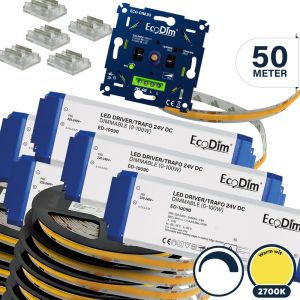 Led strip 50 meter warm wit dimbaar, COB | Led strip incl. voeding en inbouwdimmer